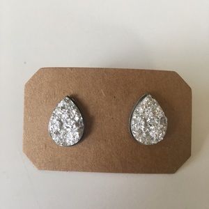 Silver Druzy Teardrop Earrings Studs Posts